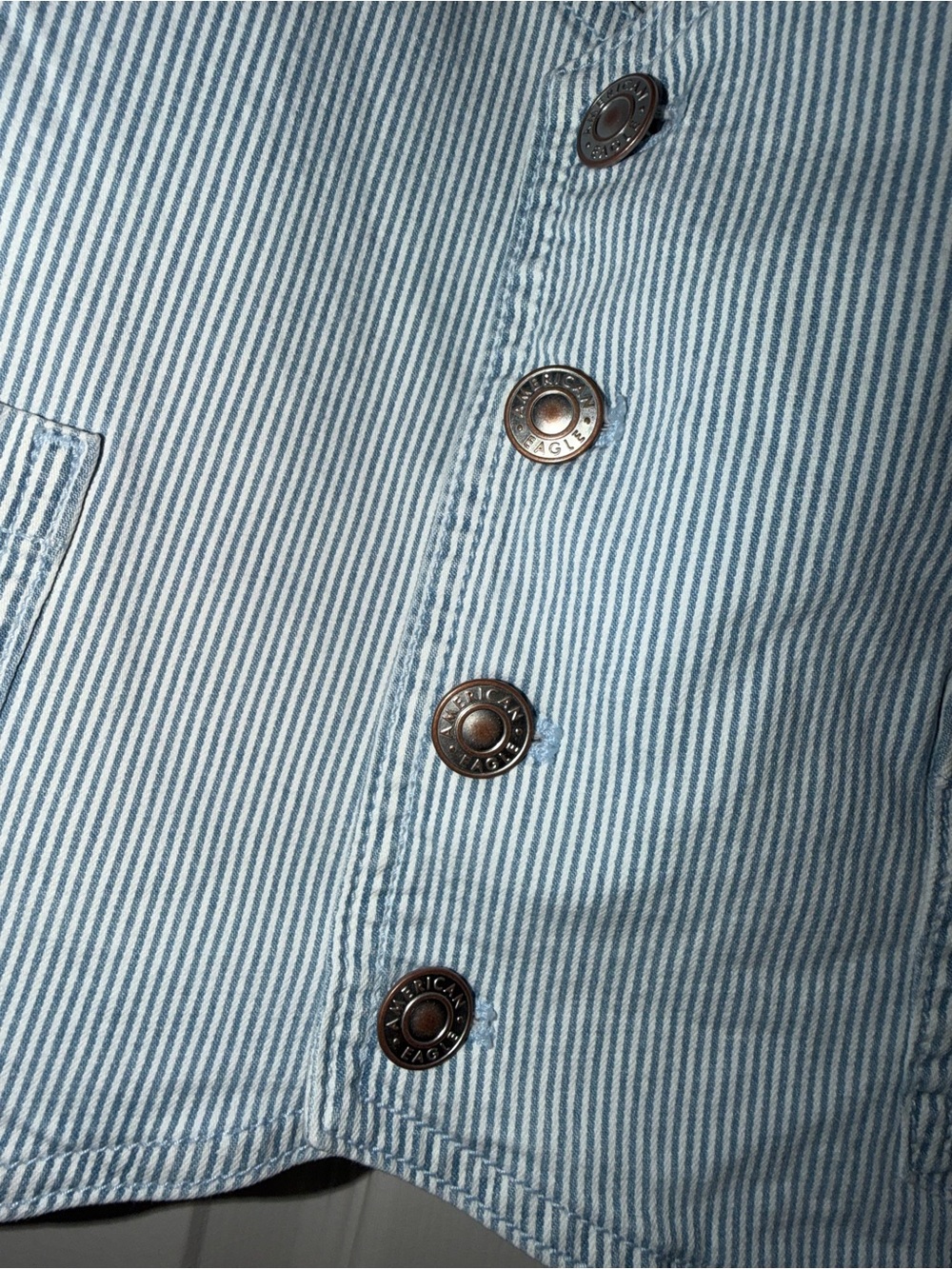 American Eagle Blue and White Striped Railroad Button Vest - Picture 2 of 8